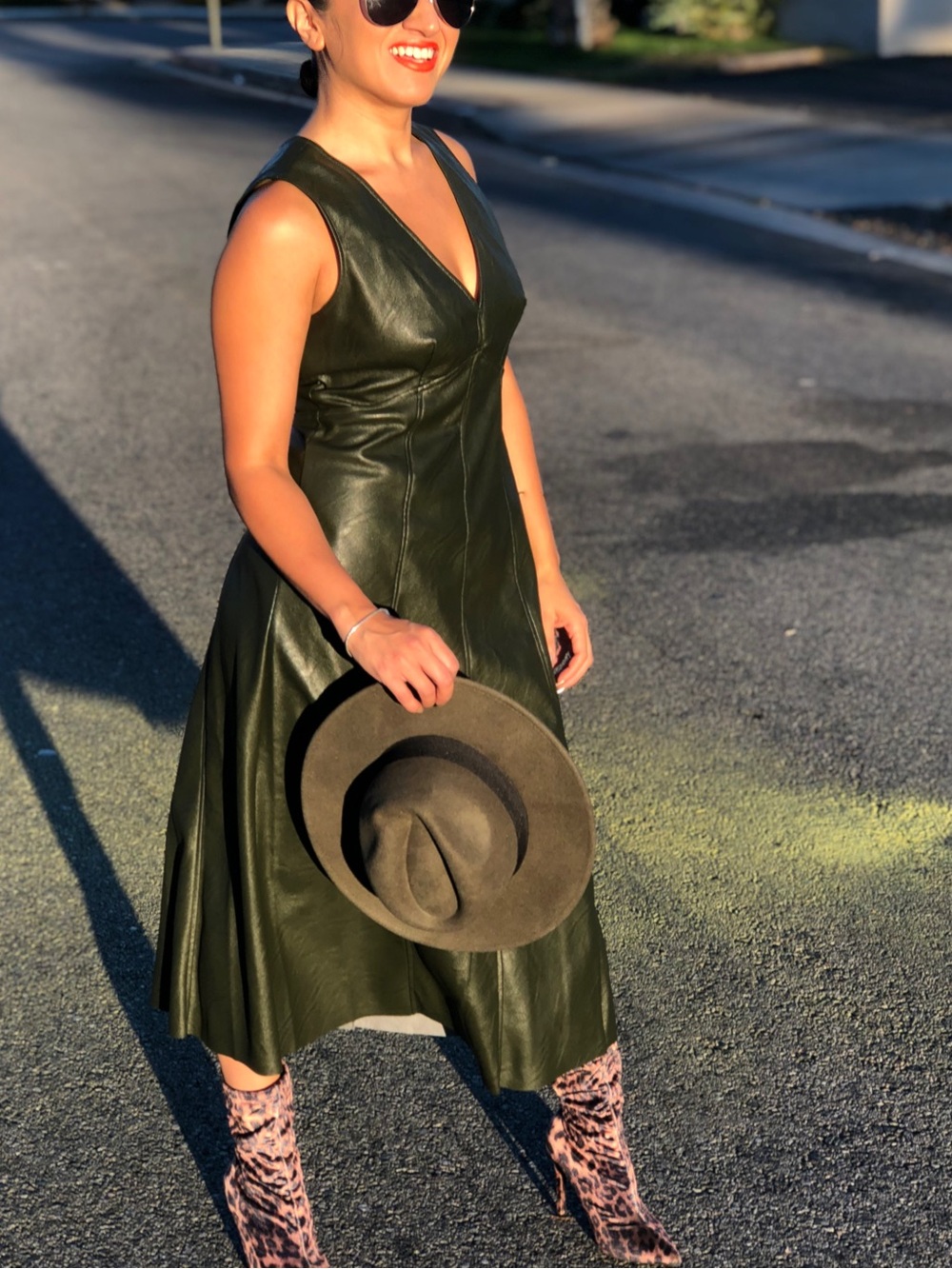 Prologue Olive Green Leather Midi Dress